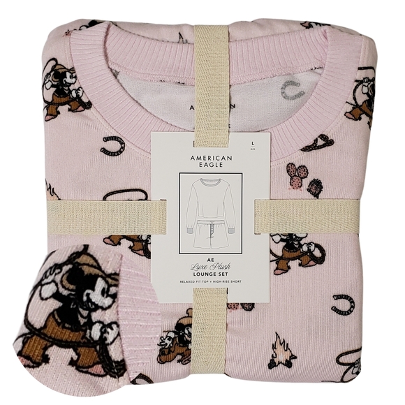 American Eagle Pajama Set Western Mickey Mouse Large Pink Luxe Plush NWT 💕 - Picture 1 of 3